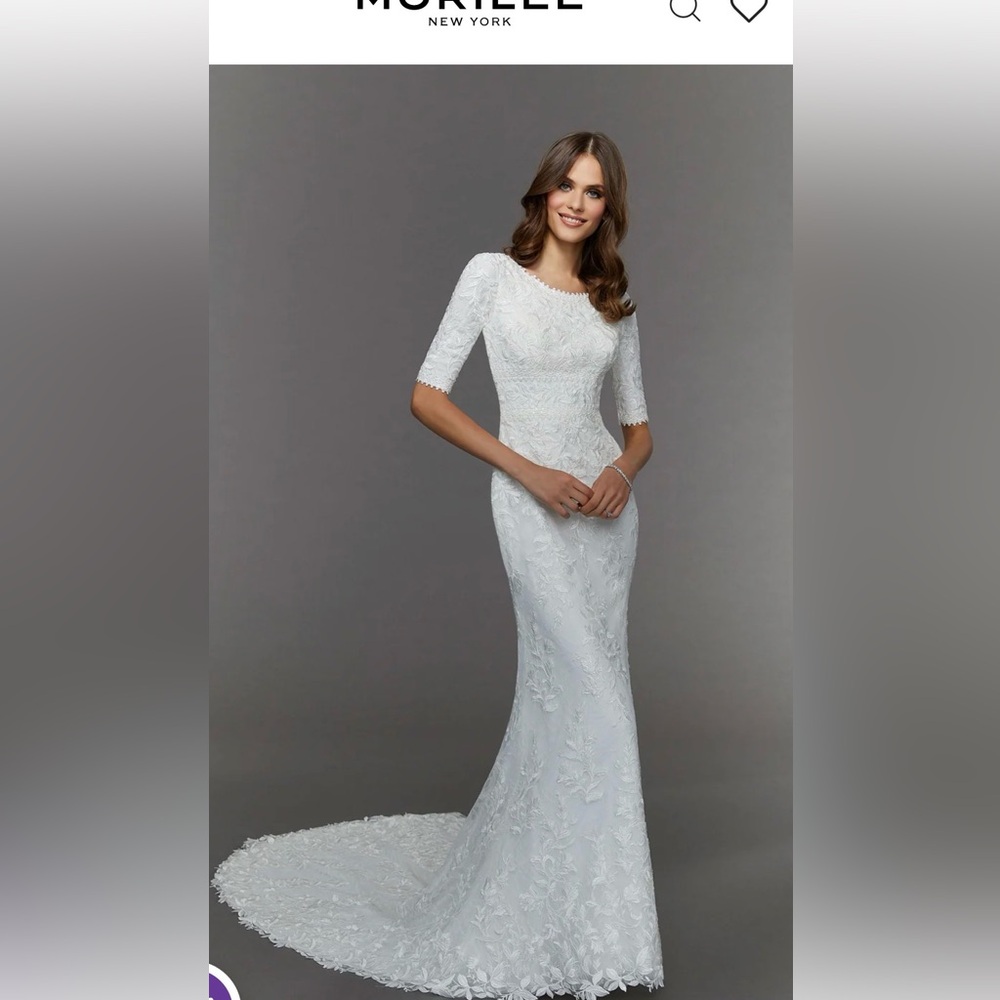 Mori Lee Edith Ivory Lace Sheath Wedding Dress with Elbow Sleeves